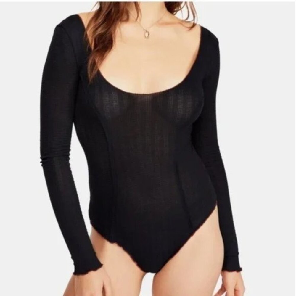 Free People Black Long Sleeve Bodysuit